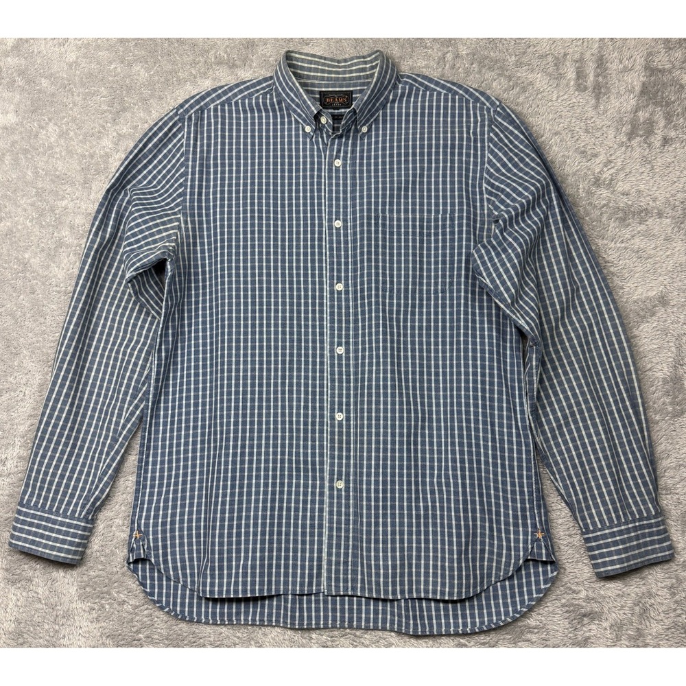 Beams Plus Button Down Shirt Mens XL Blue Check Cotton Long Sleeve Made in Japan